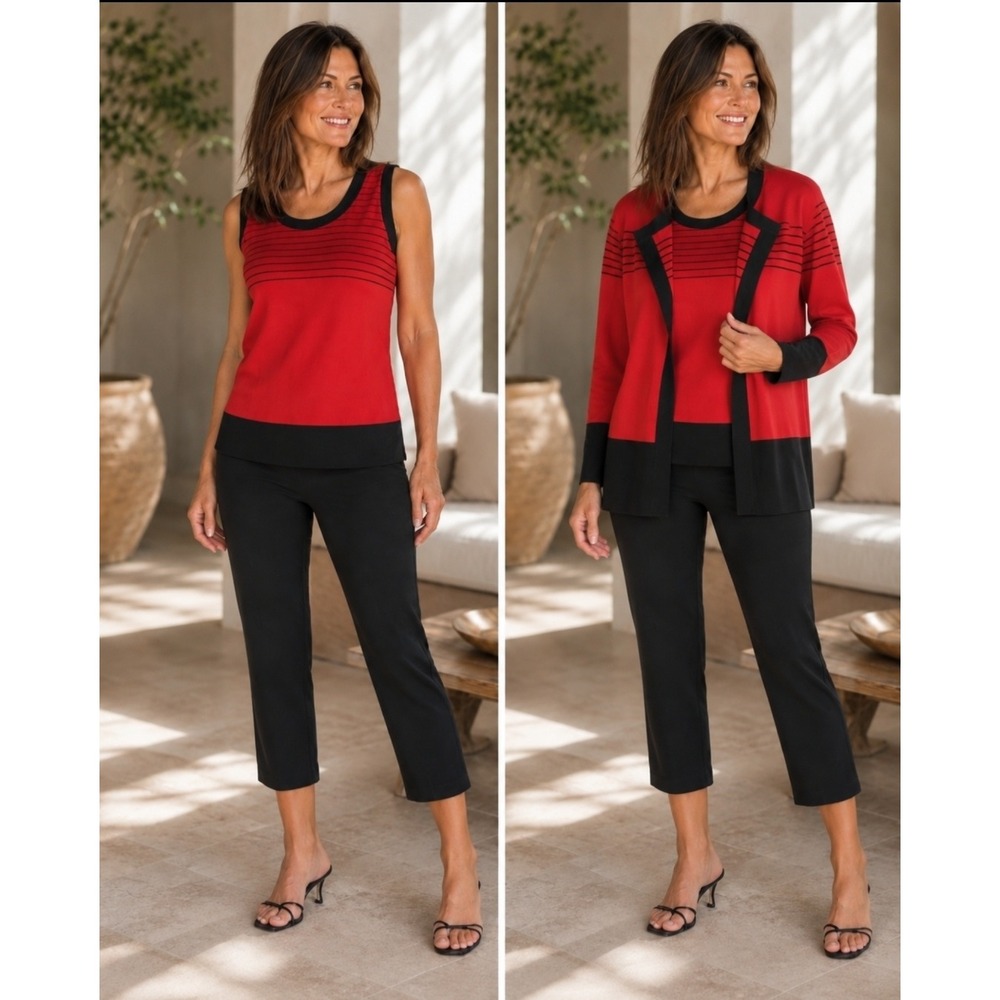 Vtg Misook Capsule Knit 3 Piece Set Striped Tank Top Cropped Pants XL Old Money